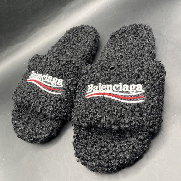 Balenciaga Men’s Black Fur Slide Sandals Logo Embroidered Slip-On EUR SZ 39 New main image 4